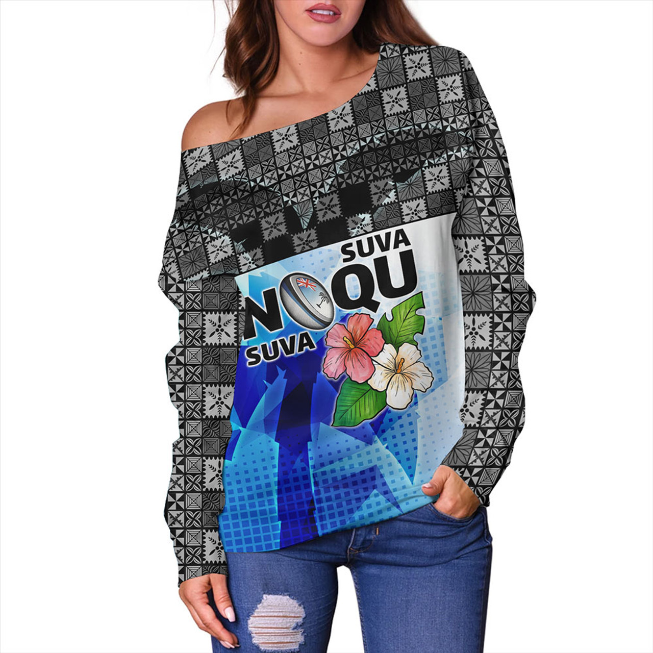 Fiji Off Shoulder Sweatshirt Suva Noqu Suva Hibiscus Flowers Fijian Patterns