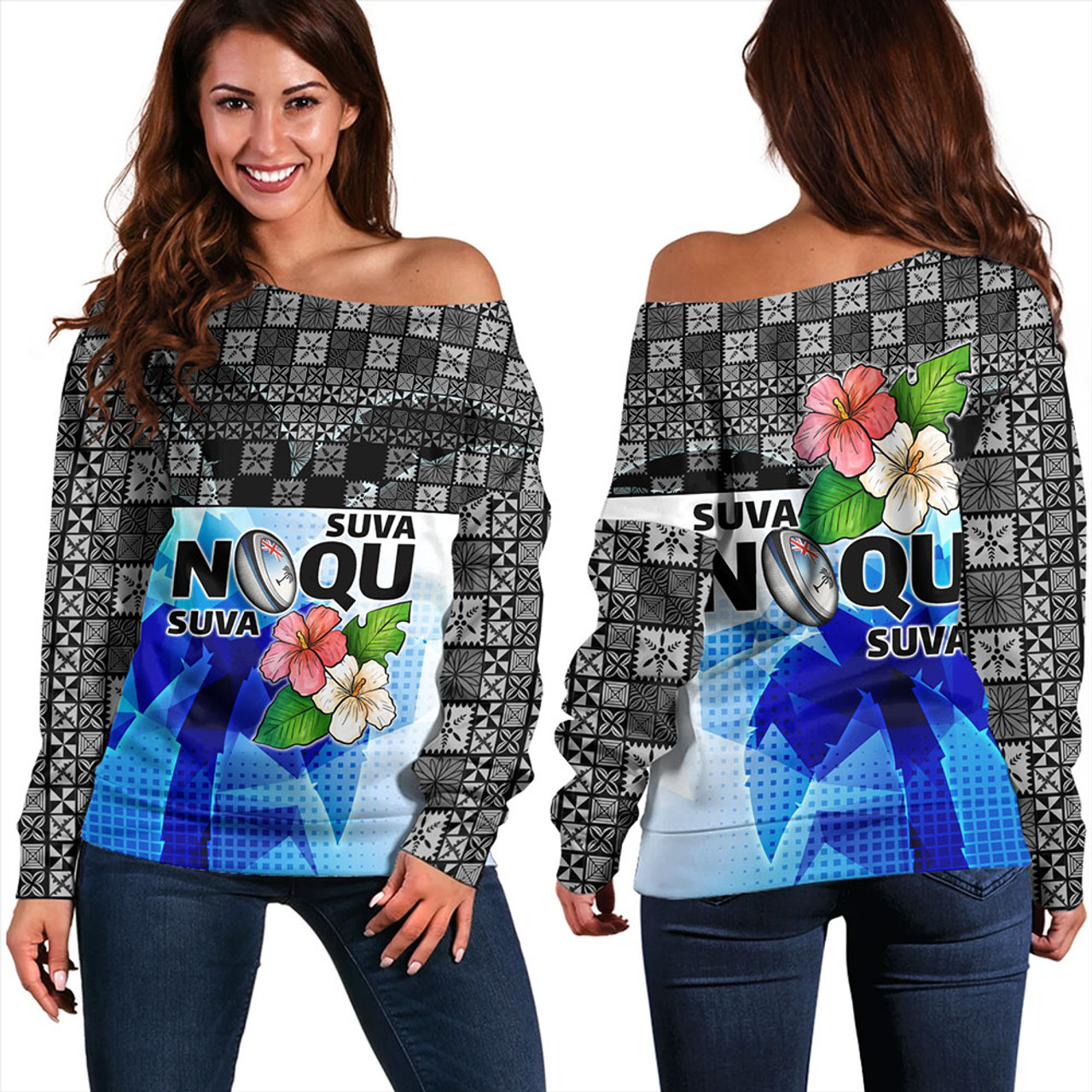 Fiji Off Shoulder Sweatshirt Suva Noqu Suva Hibiscus Flowers Fijian Patterns