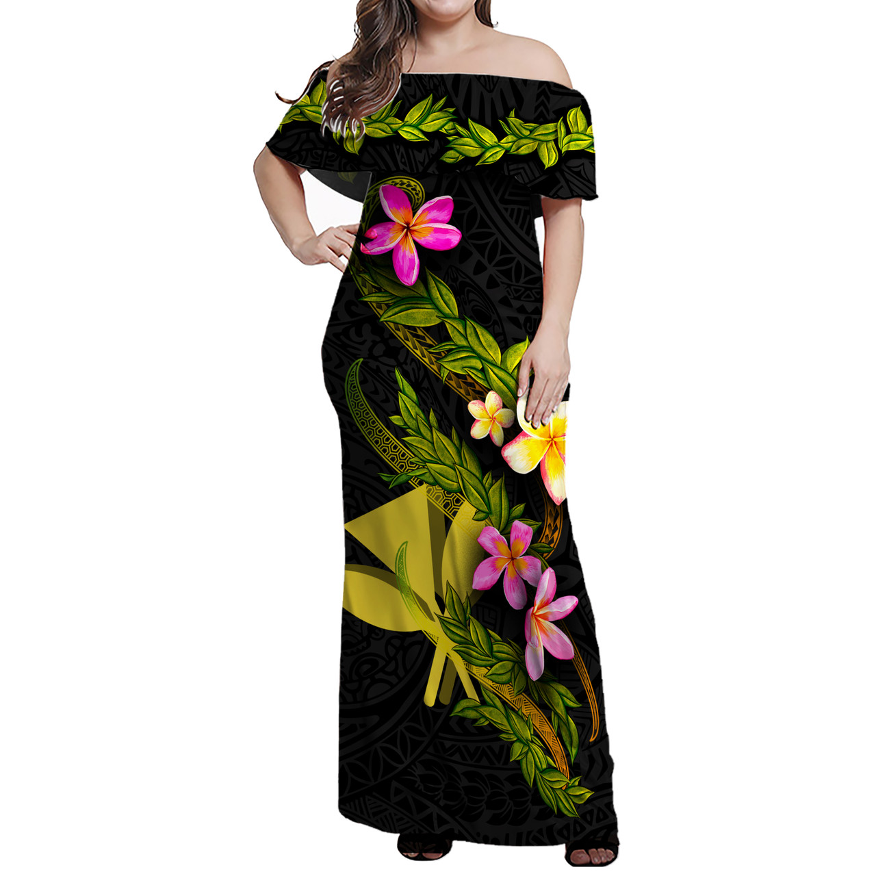 Hawaii Kanaka Maoli Women Off Shoulder Long Dress - Plumeria Tribal