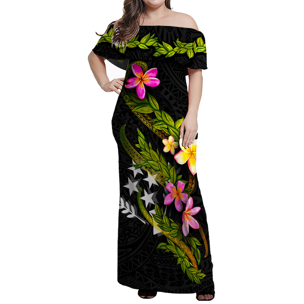 Kosrae State Women Off Shoulder Long Dress - Plumeria Tribal