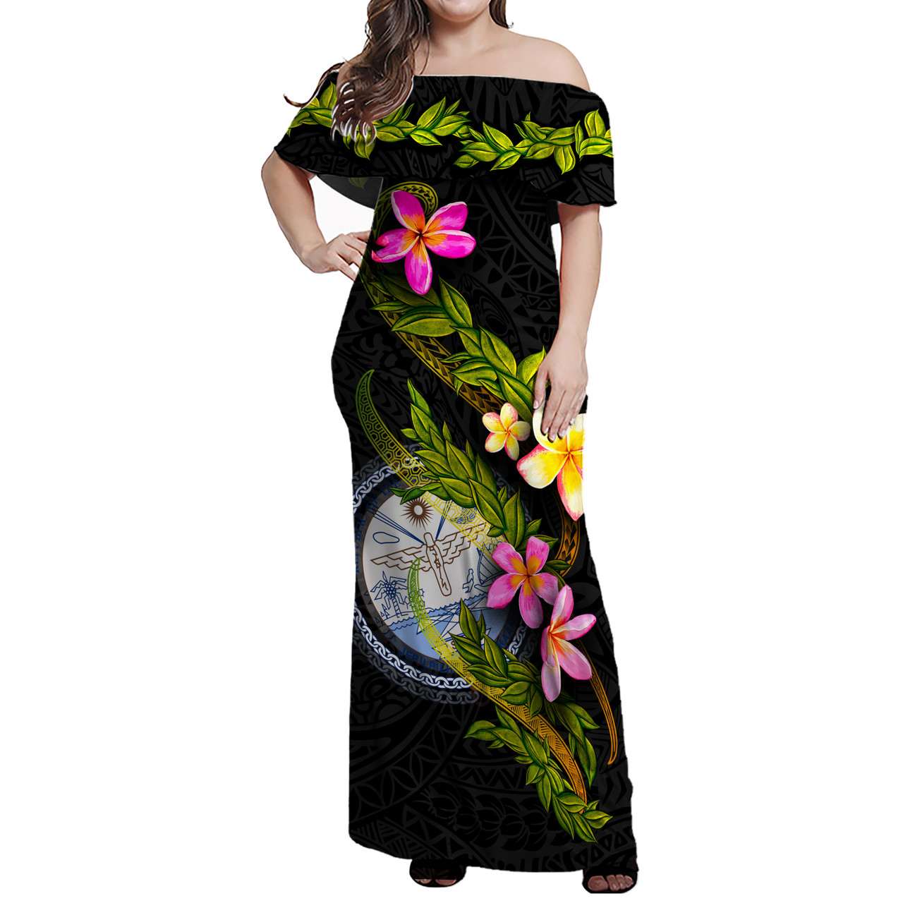 Marshall Islands Women Off Shoulder Long Dress - Plumeria Tribal