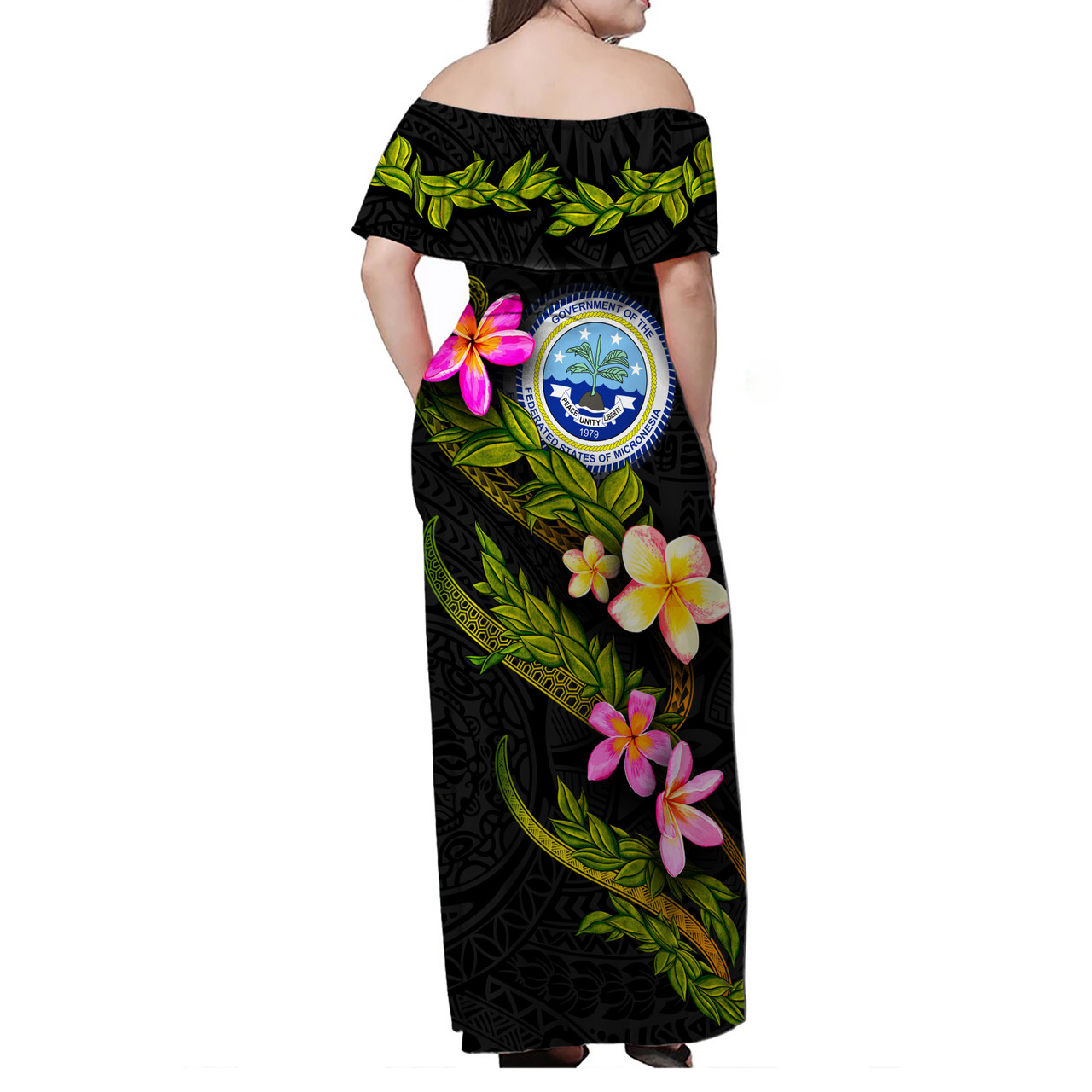 Federated States of Micronesia Women Off Shoulder Long Dress - Plumeria Tribal