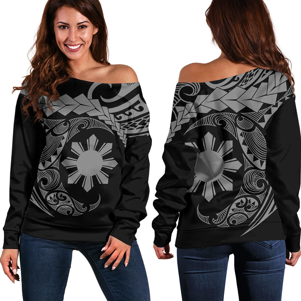 Philippines Filipinos Off Shoulder Sweatshirt Polynesian Tribal Half Circle