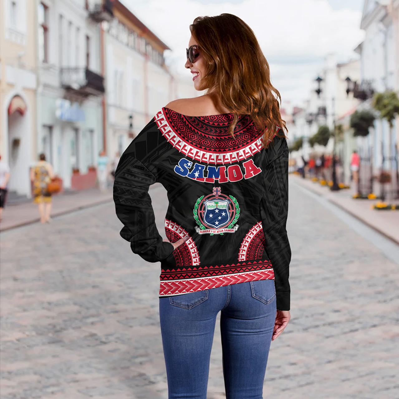 Samoa Off Shoulder Sweatshirt Tribal Pattern Flag Coat Of Arms Circle