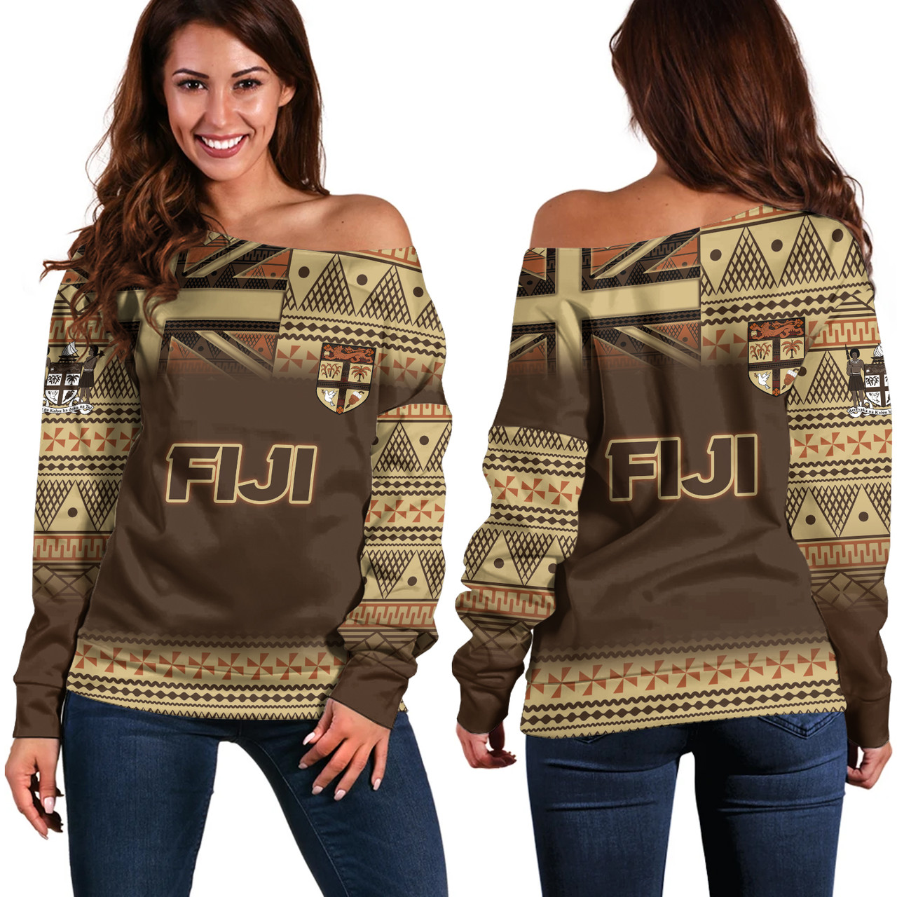 Fiji Off Shoulder Sweatshirt Flag Color With Traditional Patterns Ver 2