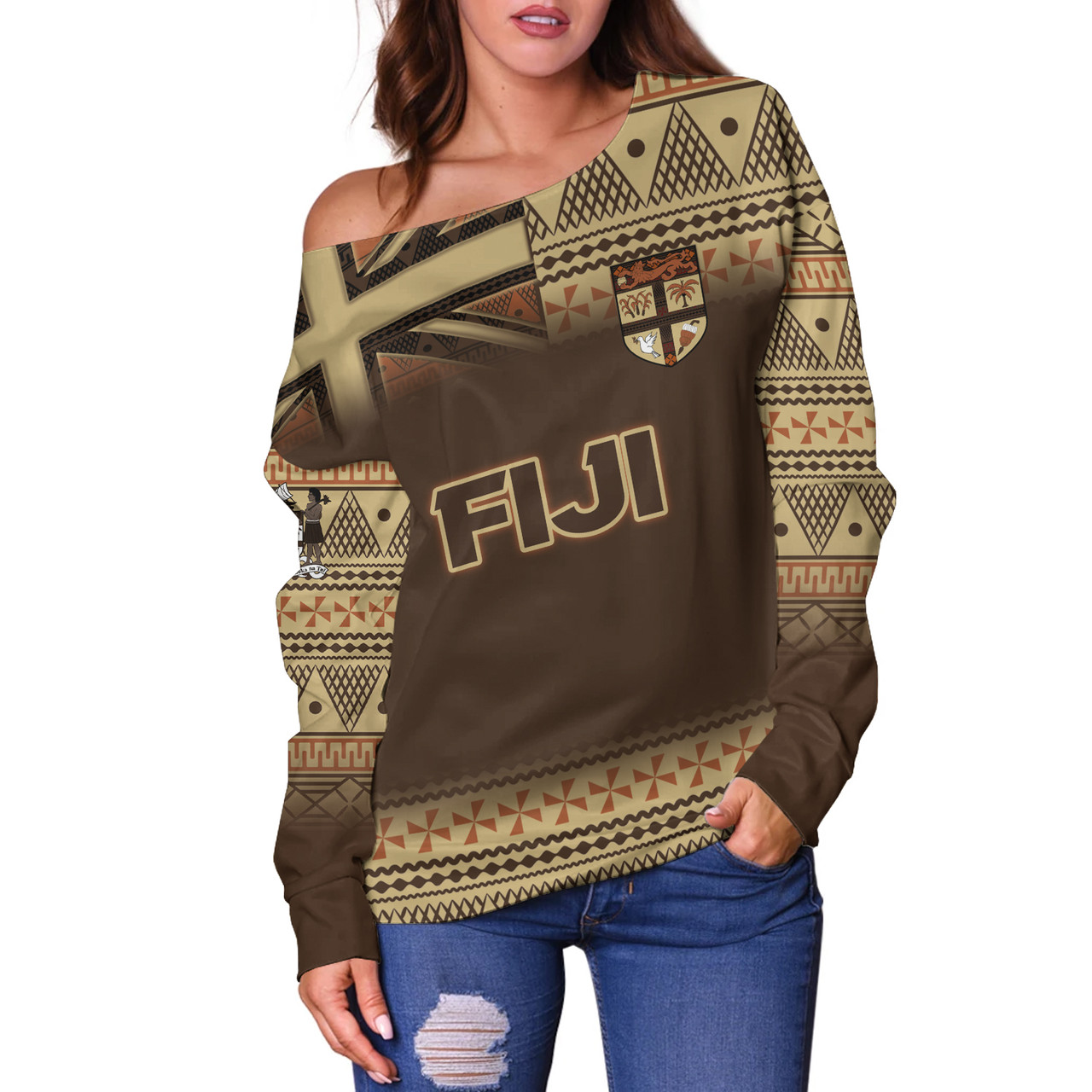 Fiji Off Shoulder Sweatshirt Flag Color With Traditional Patterns Ver 2