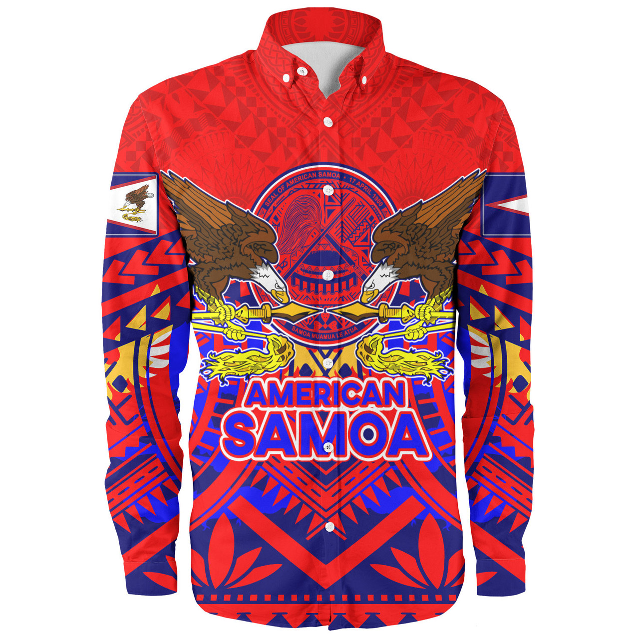 American Samoa Long Sleeve Shirt Custom American Samoa Seal And Eagle Polynesian Tattoo Red