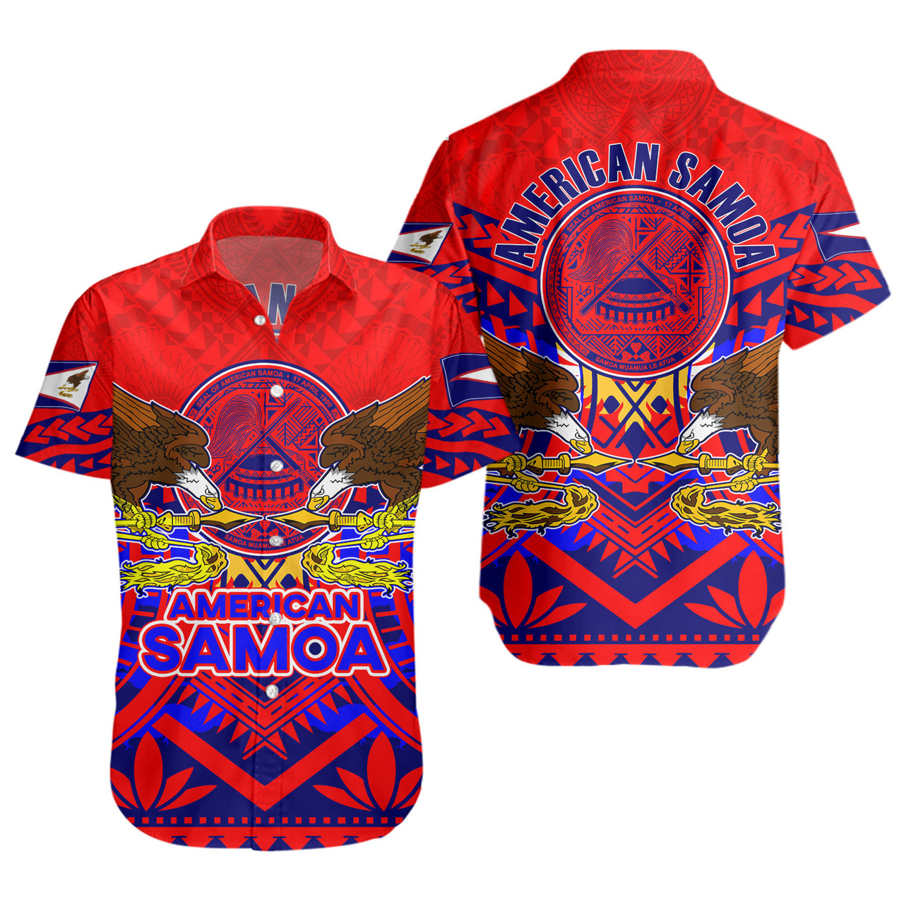 American Samoa Short Sleeve Shirt Custom American Samoa Seal And Eagle Polynesian Tattoo Red