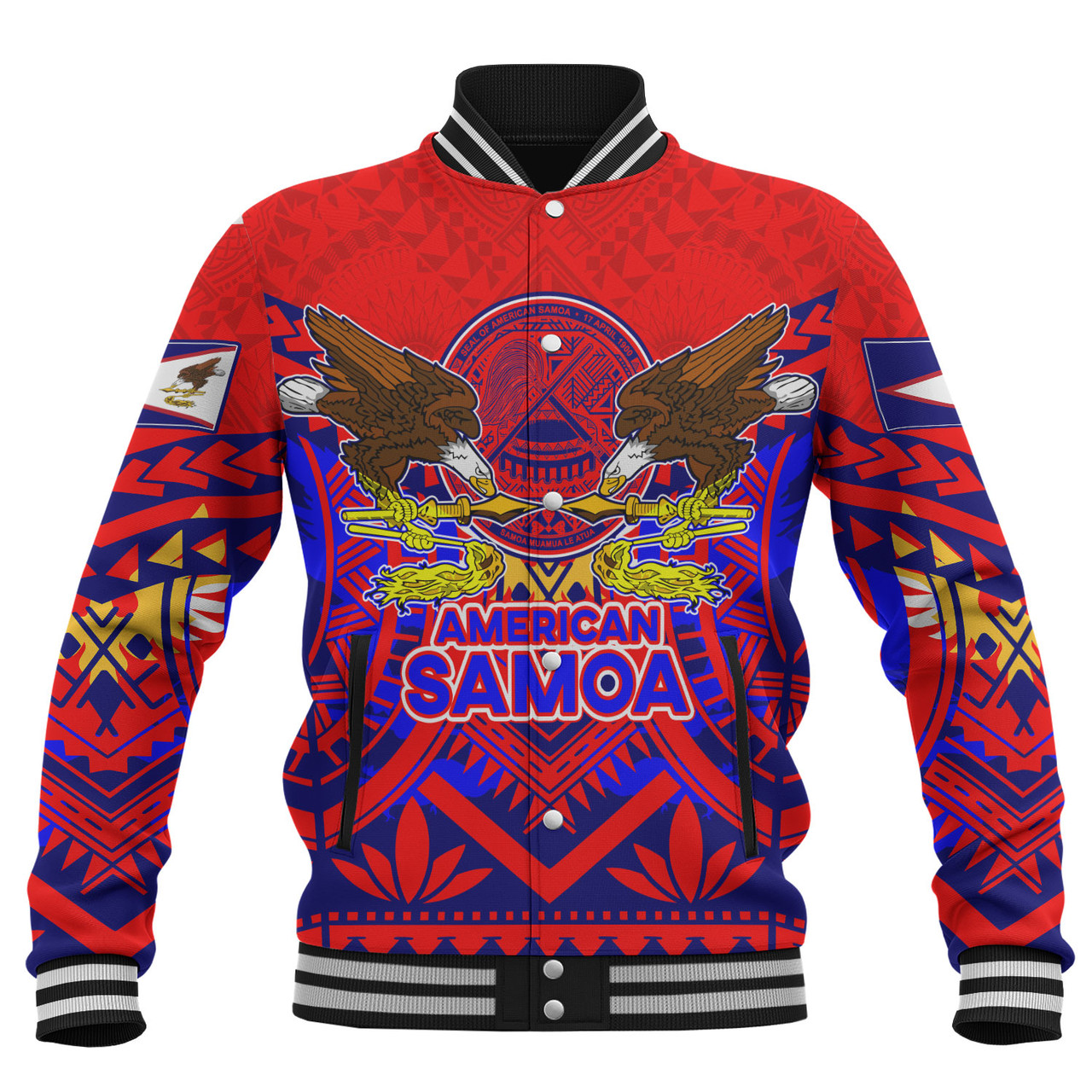 American Samoa Baseball Jacket Custom American Samoa Seal And Eagle Polynesian Tattoo Red