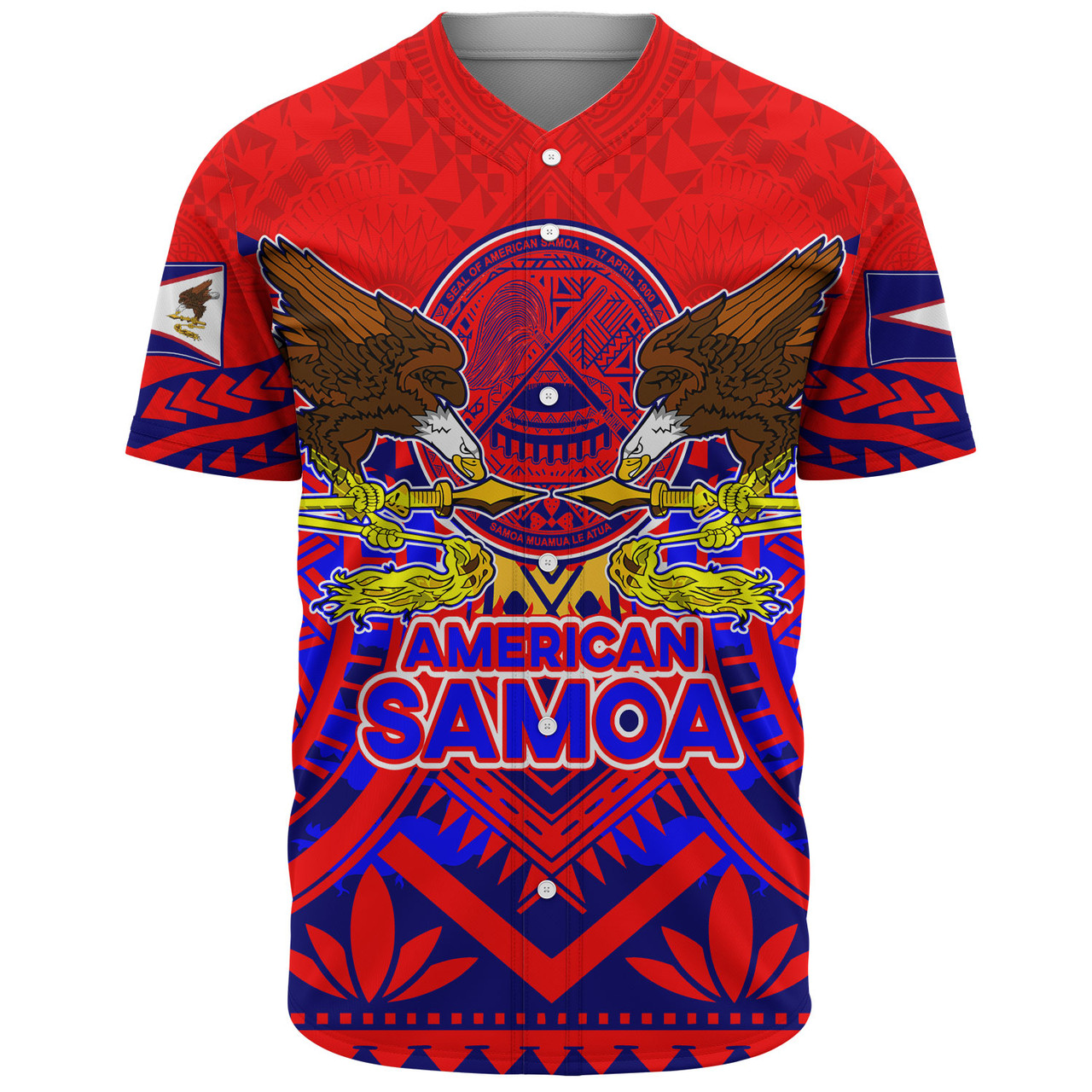 American Samoa Baseball Shirt Custom American Samoa Seal And Eagle Polynesian Tattoo Red