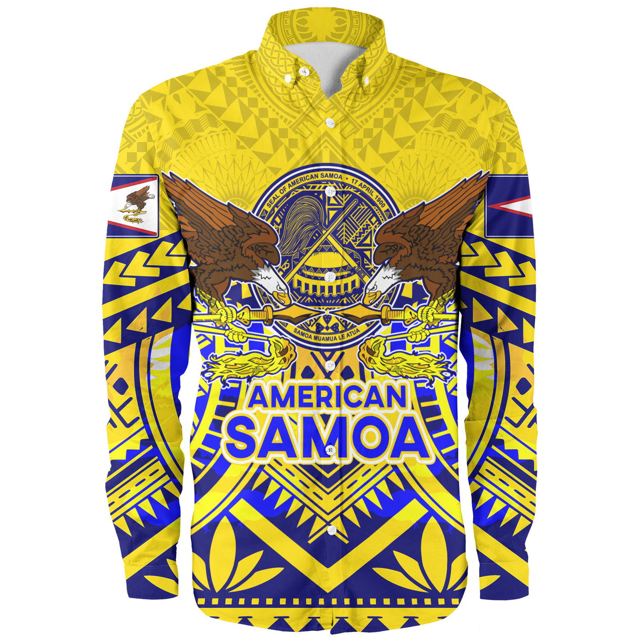 American Samoa Long Sleeve Shirt Custom American Samoa Seal And Eagle Polynesian Tattoo Yellow