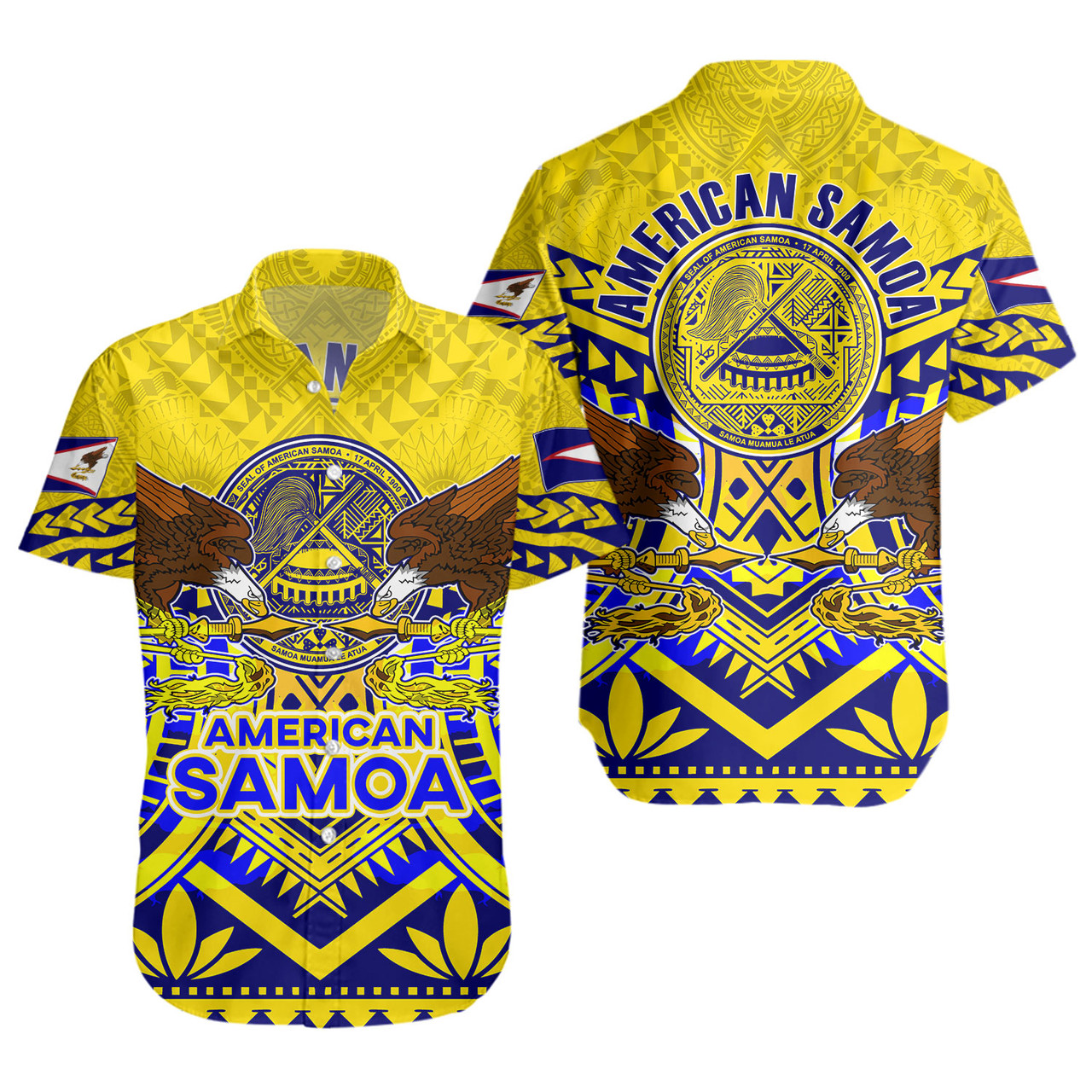 American Samoa Short Sleeve Shirt Custom American Samoa Seal And Eagle Polynesian Tattoo Yellow
