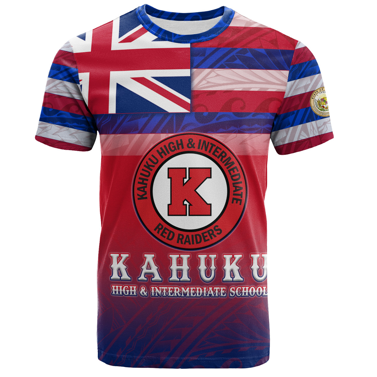 Hawaii Kahuku High & Intermediate School T-Shirt Flag Color With Traditional Patterns