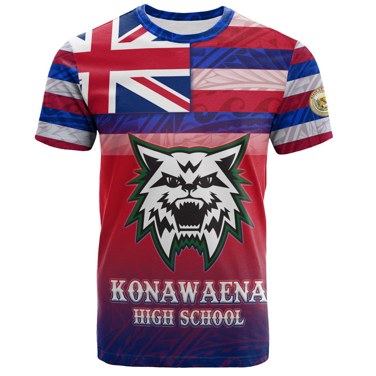 Hawaii Konawaena High School T-Shirt Flag Color With Traditional Patterns