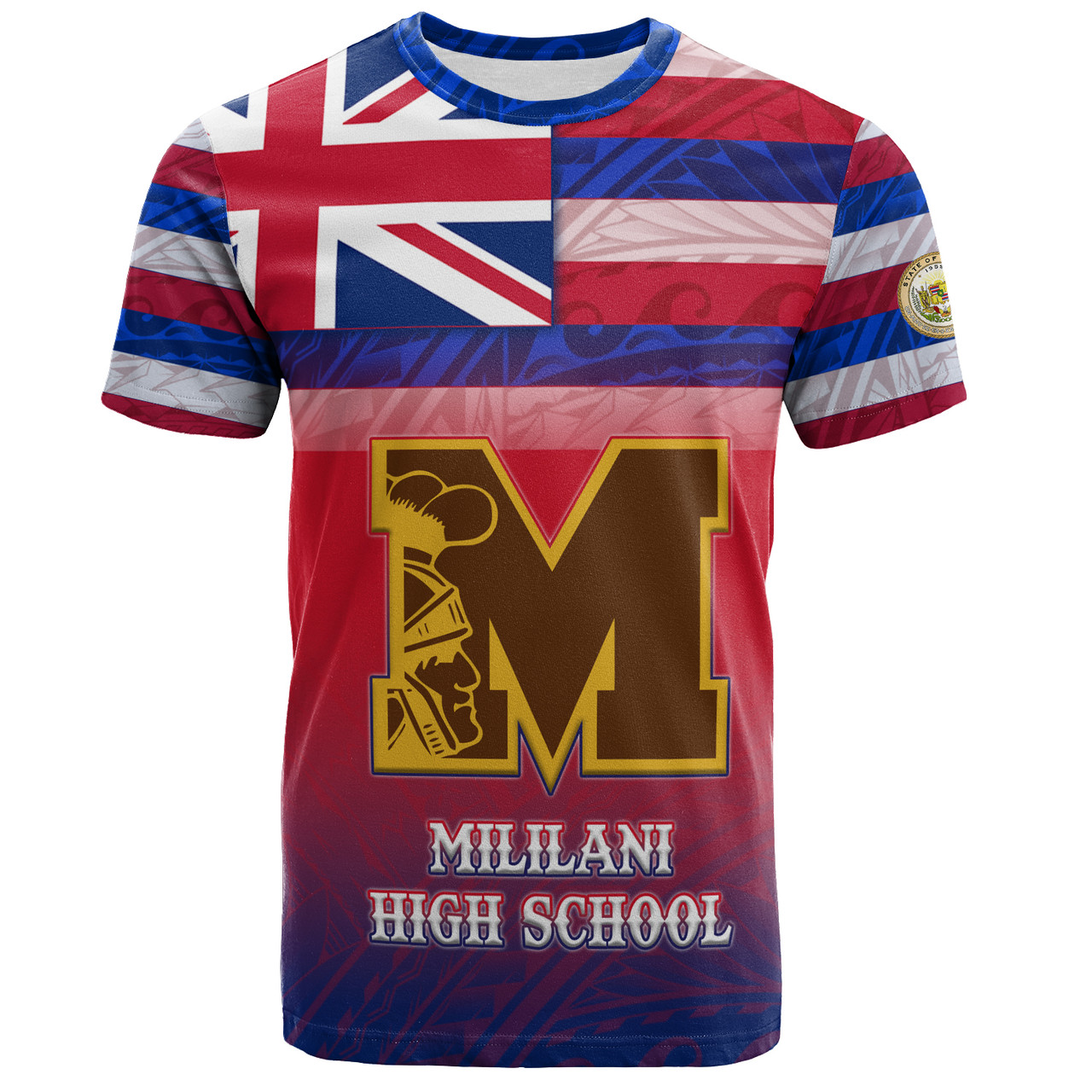 Hawaii Mililani High School T-Shirt Flag Color With Traditional Patterns