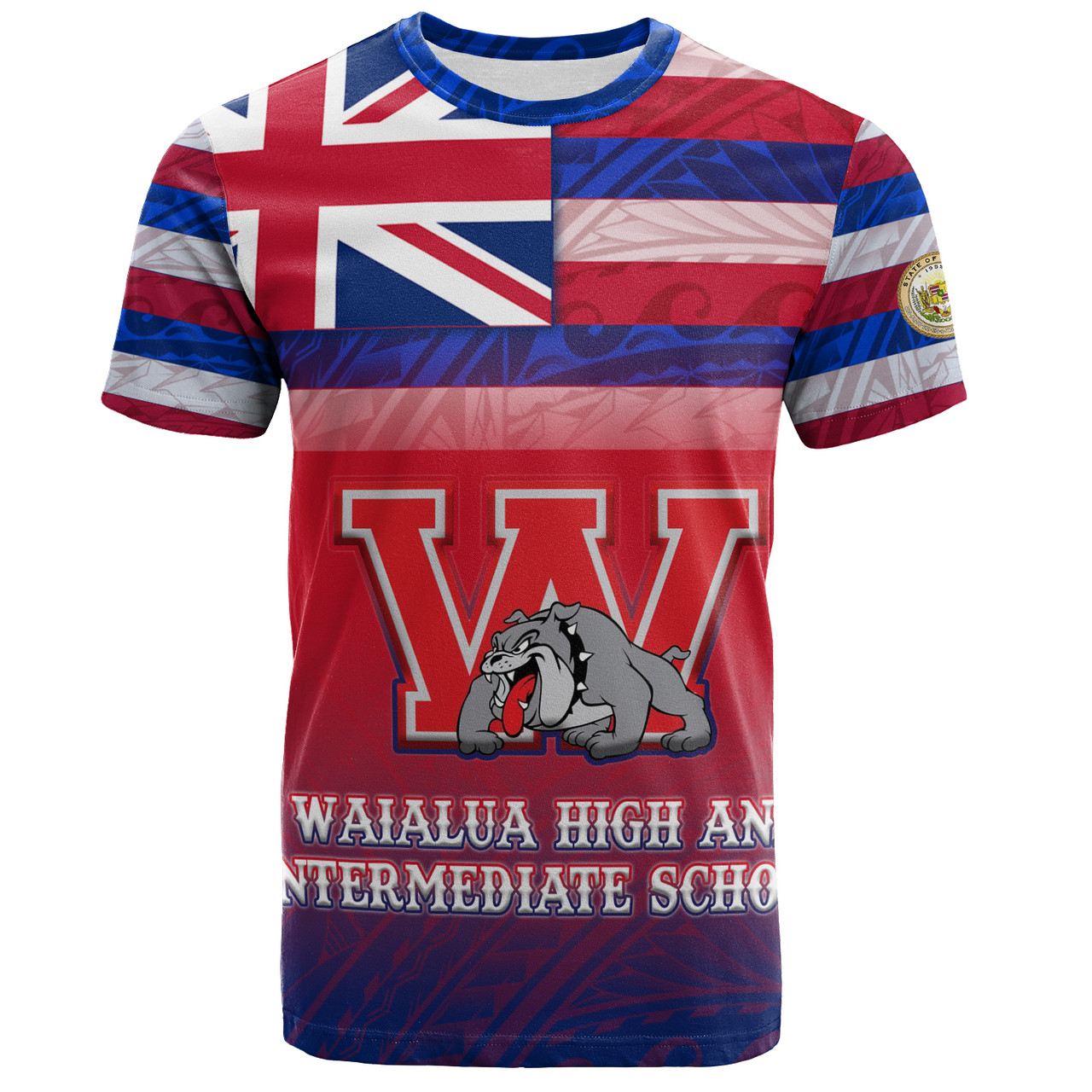 Hawaii Waialua High and Intermediate School T-Shirt Flag Color With Traditional Patterns