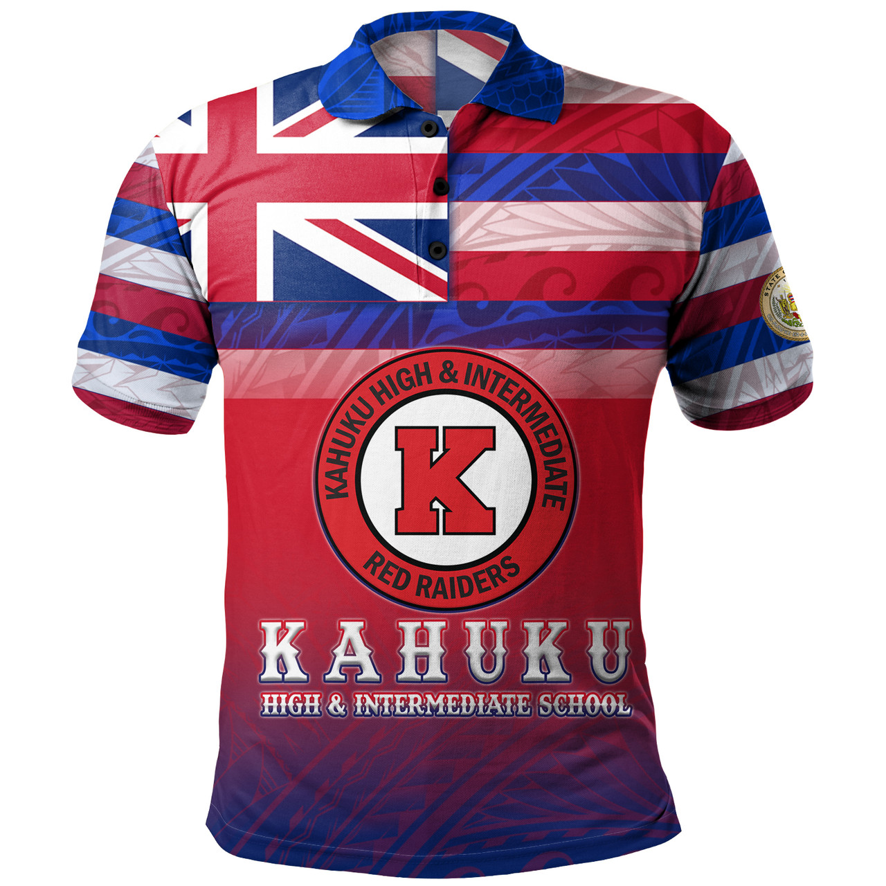 Hawaii Kahuku High & Intermediate School Polo Shirt Flag Color With Traditional Patterns