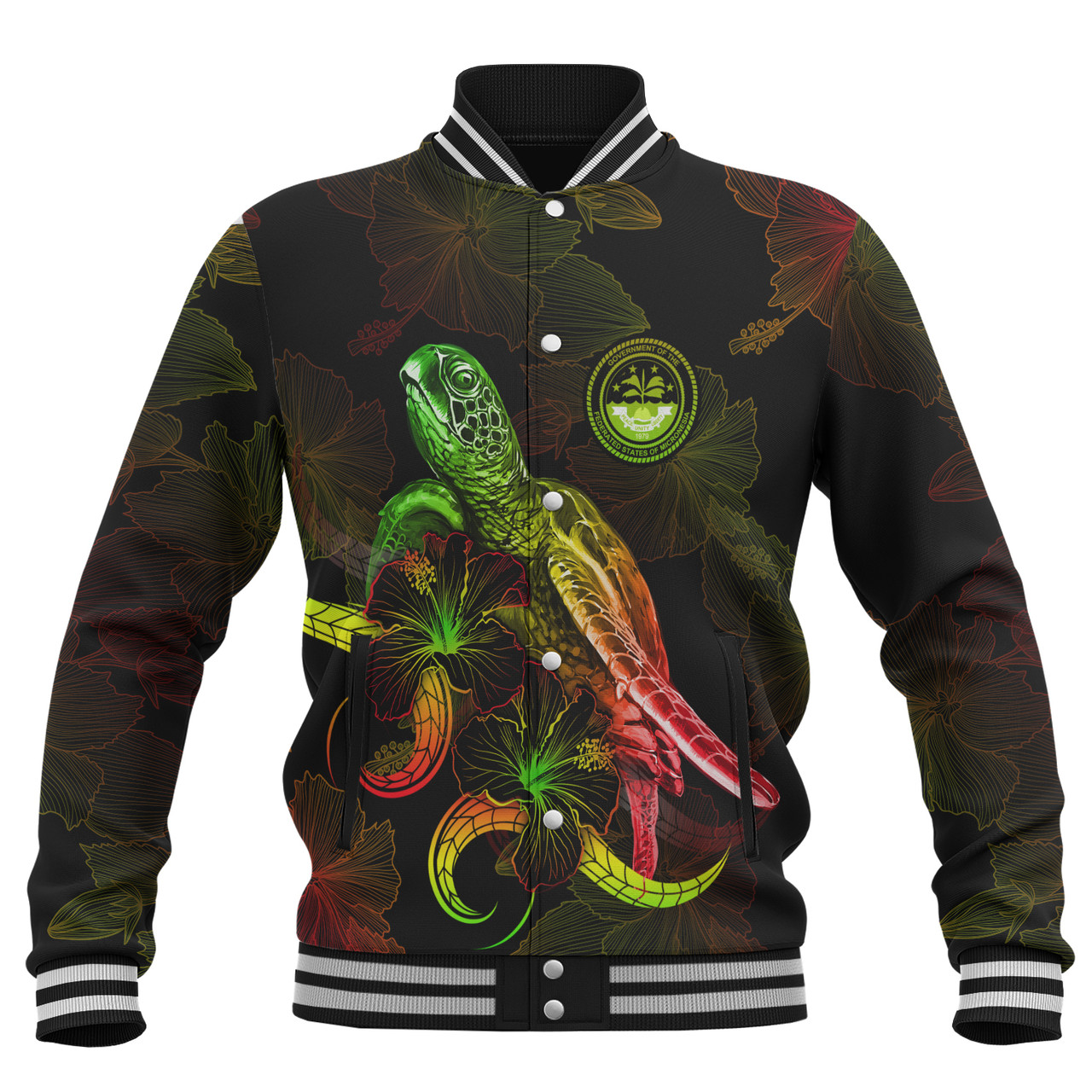 Federated States Of Micronesia Baseball Jacket Sea Turtle With Blooming Hibiscus Flowers Reggae