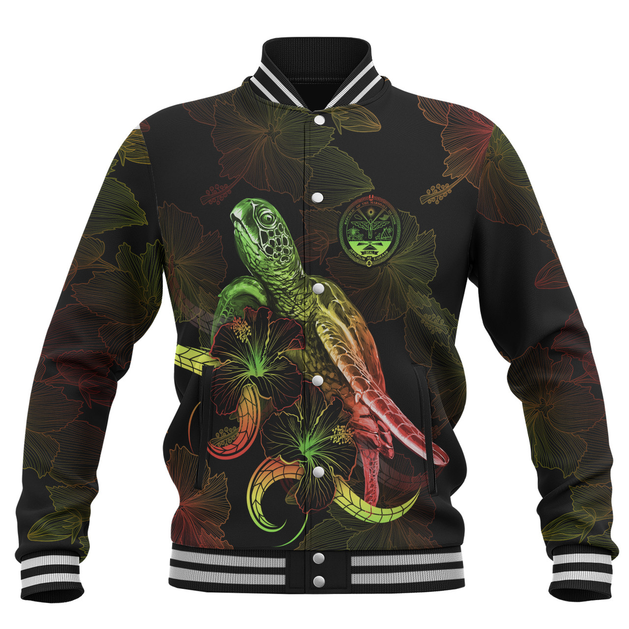 Marshall Islands Baseball Jacket Sea Turtle With Blooming Hibiscus Flowers Reggae