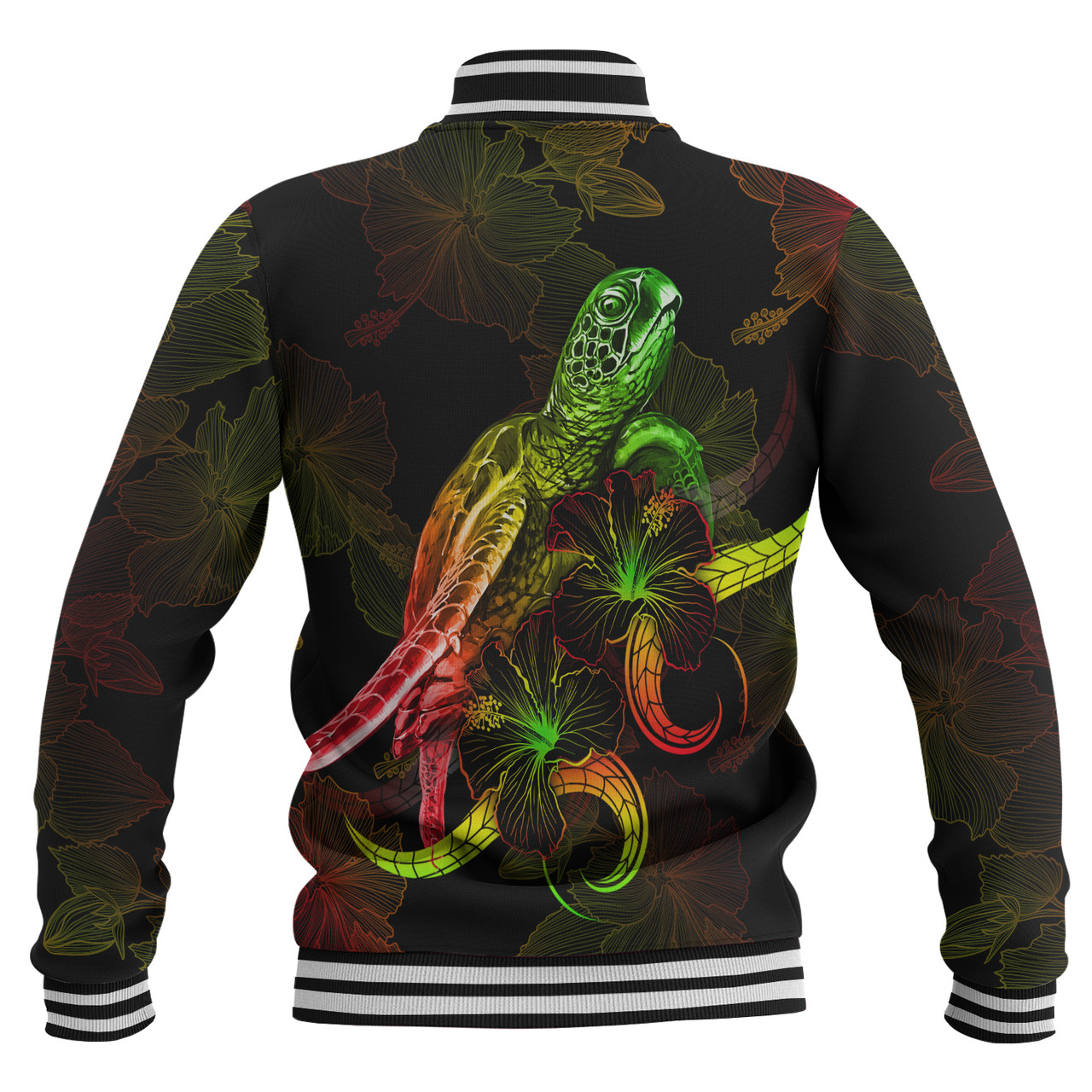 French Polynesia Baseball Jacket Sea Turtle With Blooming Hibiscus Flowers Reggae