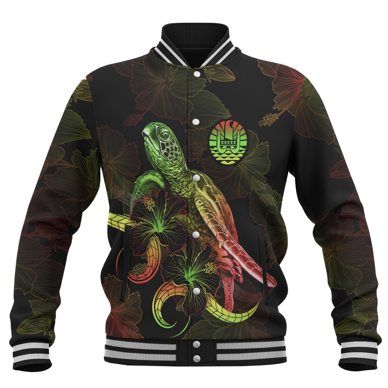 Tahiti Baseball Jacket Sea Turtle With Blooming Hibiscus Flowers Reggae