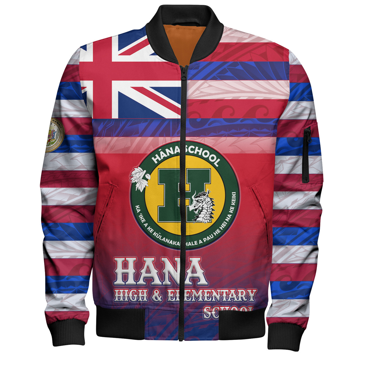 Hawaii Hana High and Elementary School Bomber Jacket Flag Color With Traditional Patterns