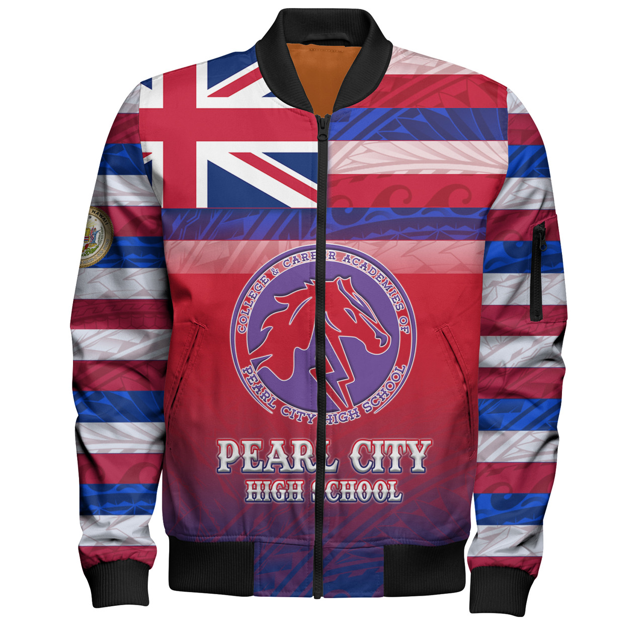 Hawaii Pearl City High School Bomber Jacket Flag Color With Traditional Patterns