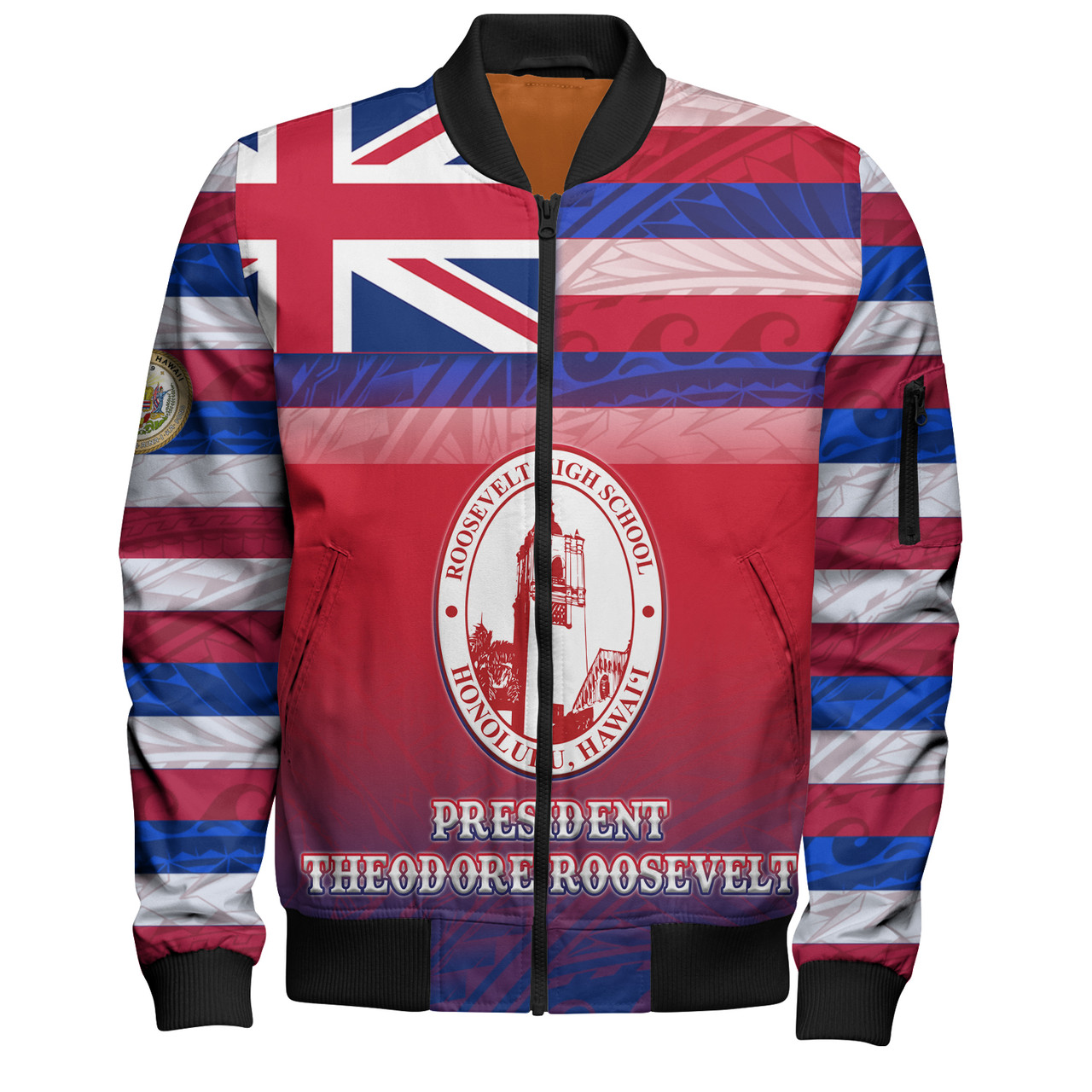 Hawaii President Theodore Roosevelt High School Bomber Jacket Flag Color With Traditional Patterns
