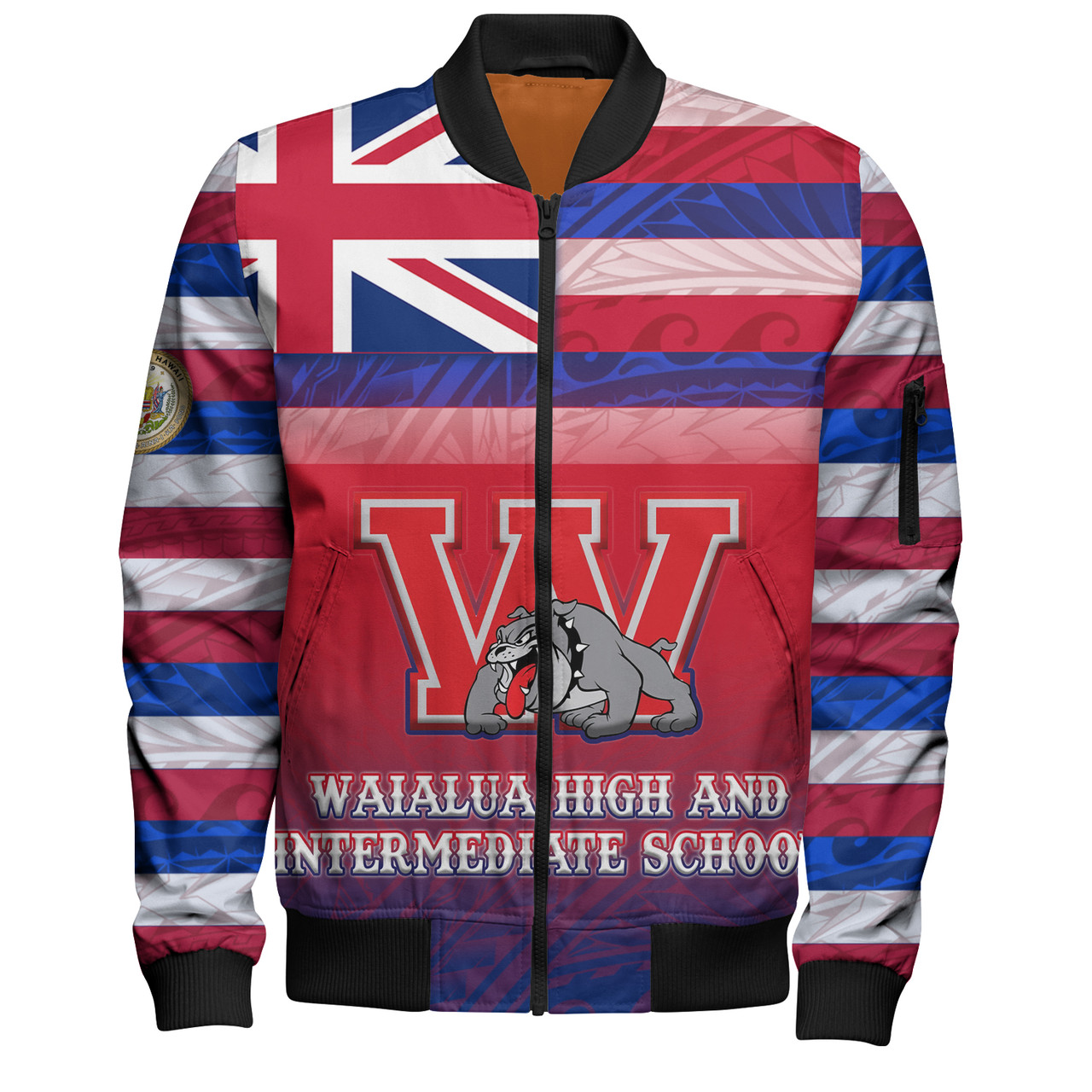 Hawaii Waialua High and Intermediate School Bomber Jacket Flag Color With Traditional Patterns