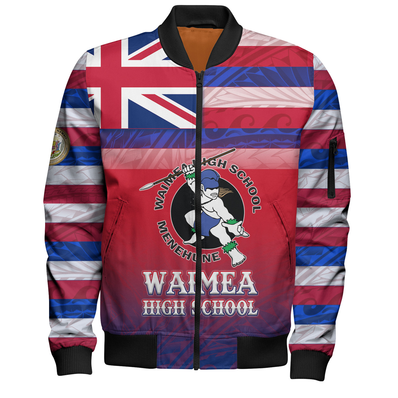 Hawaii Waimea High School Bomber Jacket Flag Color With Traditional Patterns