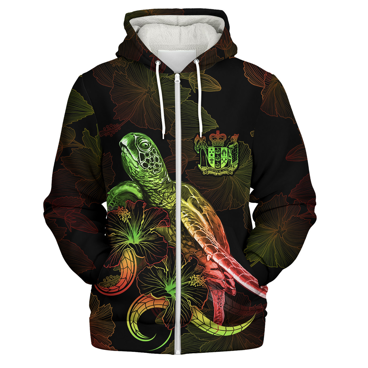 New Zealand Sherpa Hoodie Sea Turtle With Blooming Hibiscus Flowers Reggae