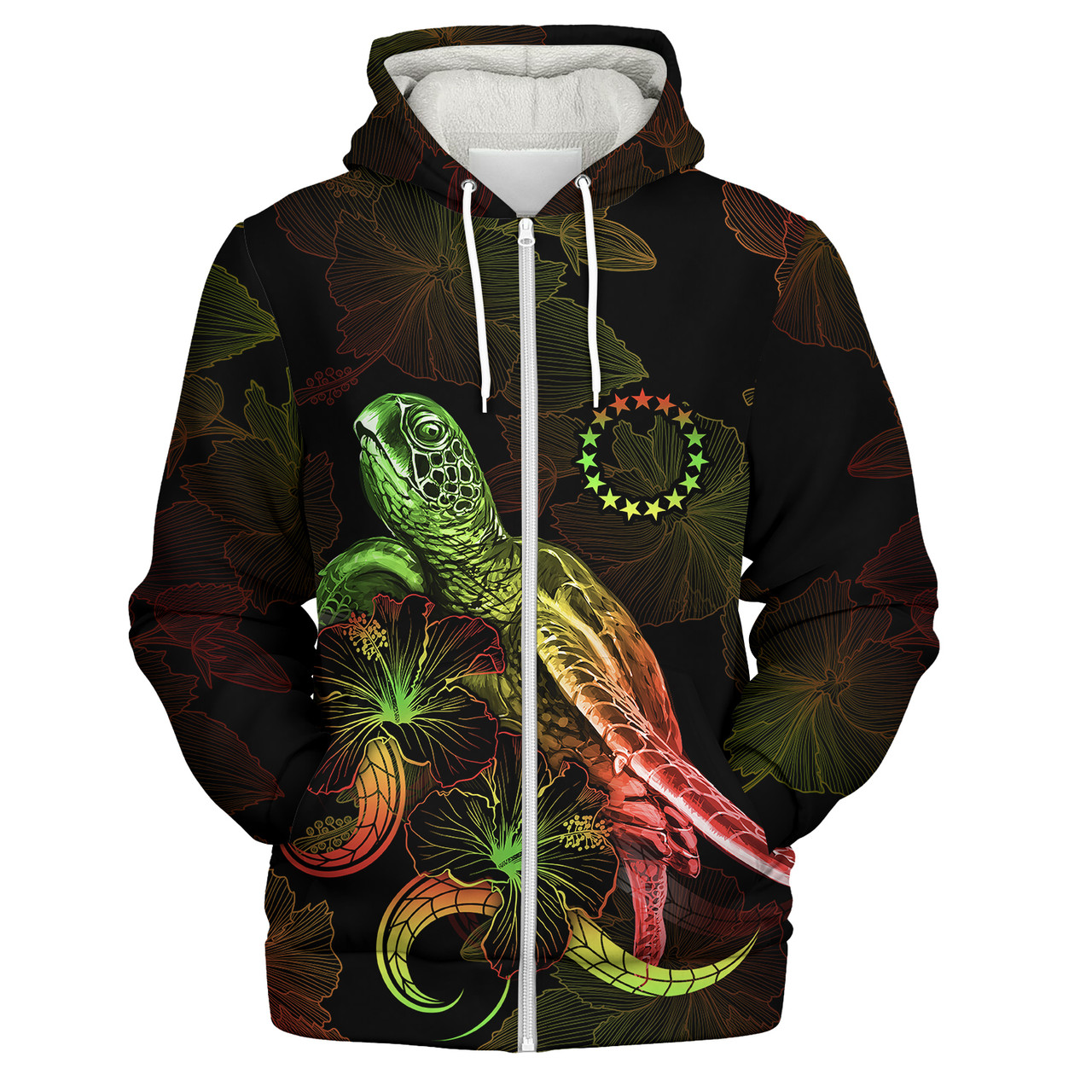 Cook Islands Sherpa Hoodie Sea Turtle With Blooming Hibiscus Flowers Reggae