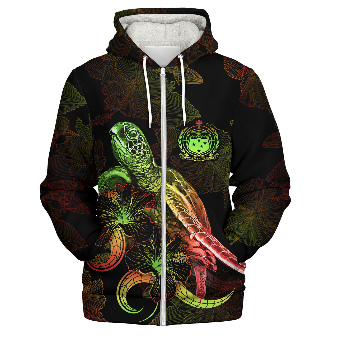 Samoa Sherpa Hoodie Sea Turtle With Blooming Hibiscus Flowers Reggae