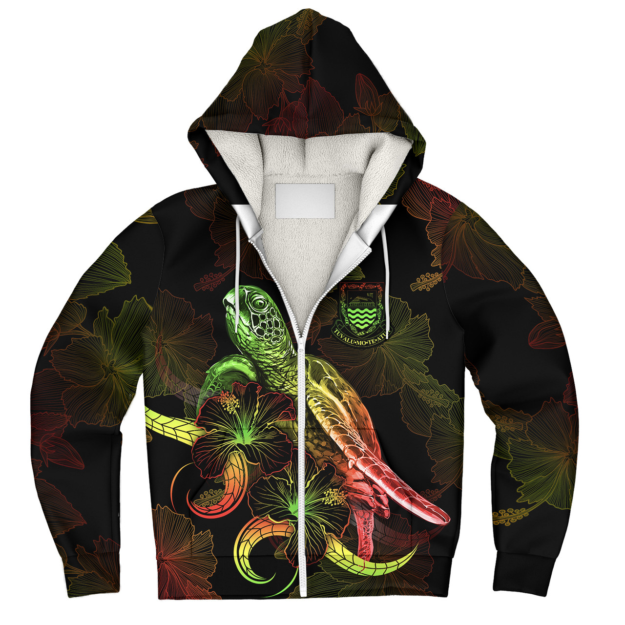 Tuvalu Sherpa Hoodie Sea Turtle With Blooming Hibiscus Flowers Reggae