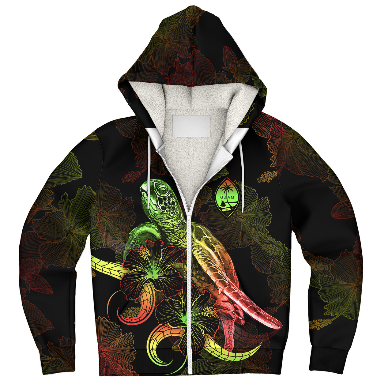 Guam Sherpa Hoodie Sea Turtle With Blooming Hibiscus Flowers Reggae