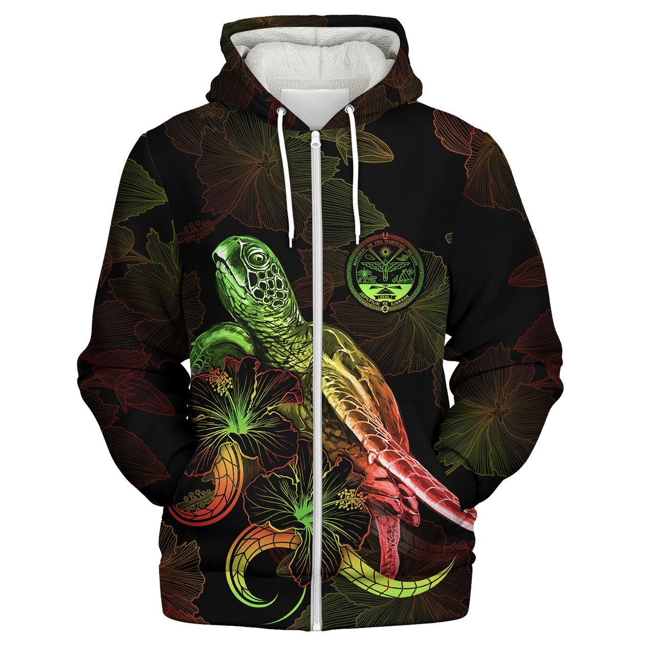 Marshall Islands Sherpa Hoodie Sea Turtle With Blooming Hibiscus Flowers Reggae