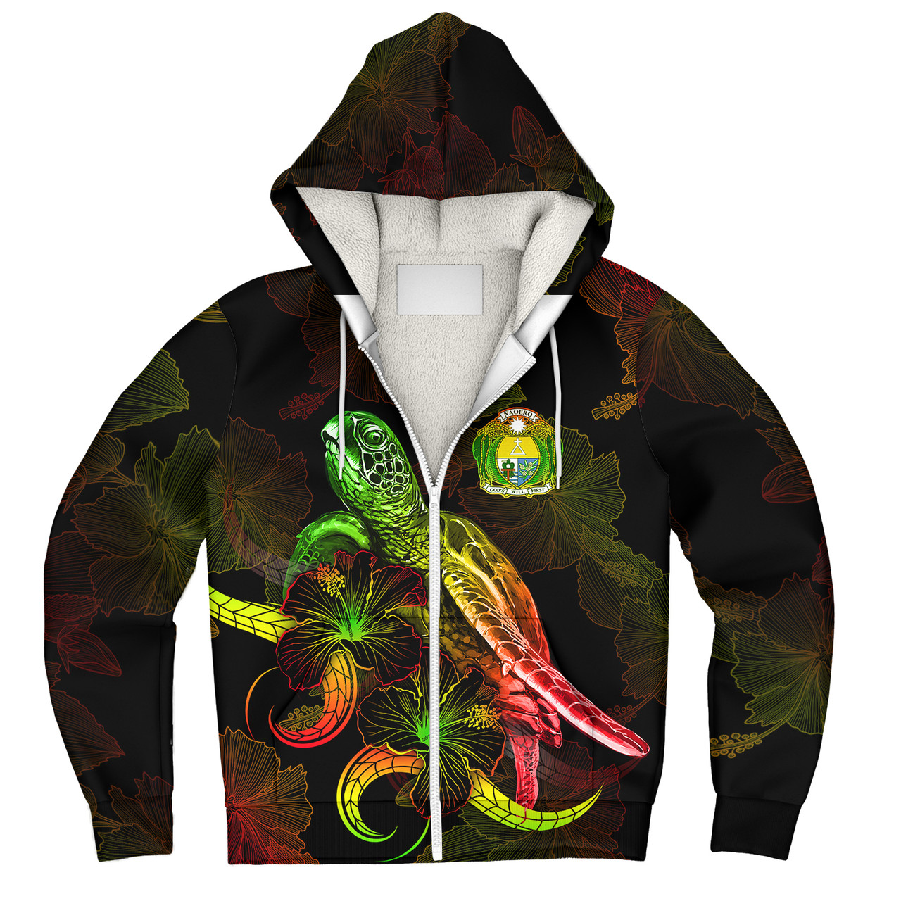 Nauru Sherpa Hoodie Sea Turtle With Blooming Hibiscus Flowers Reggae