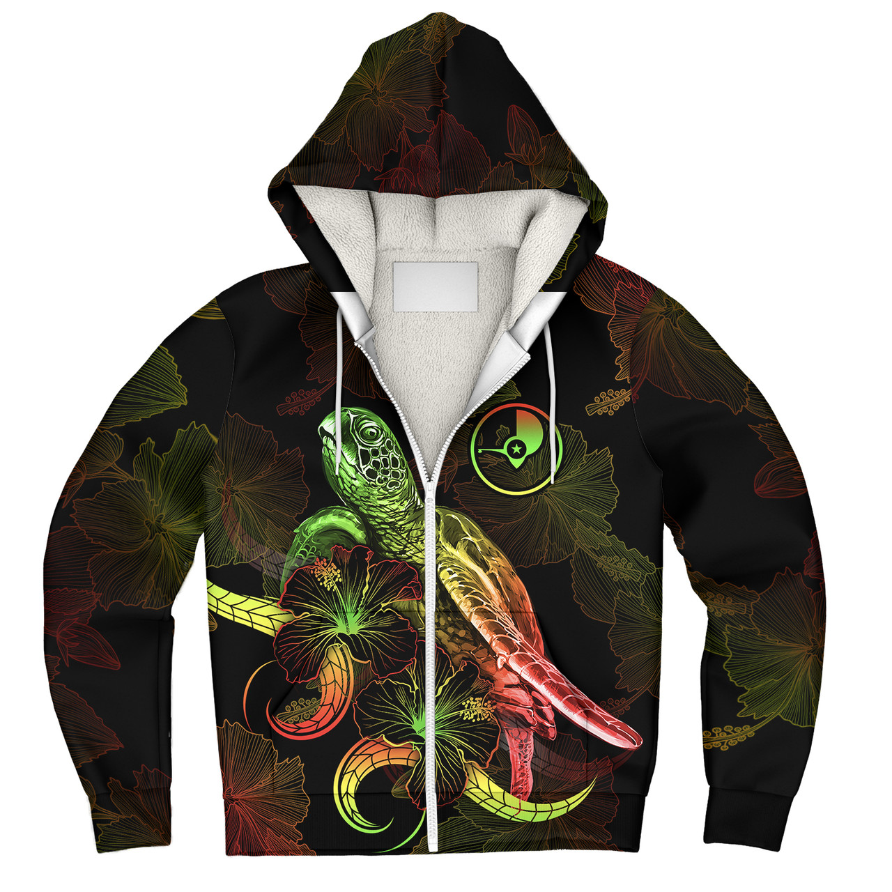 Yap State Sherpa Hoodie Sea Turtle With Blooming Hibiscus Flowers Reggae