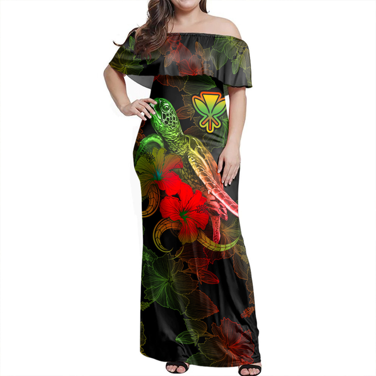 Hawaii Woman Off Shoulder Long Dress - Sea Turtle With Blooming Hibiscus Flowers Reggae