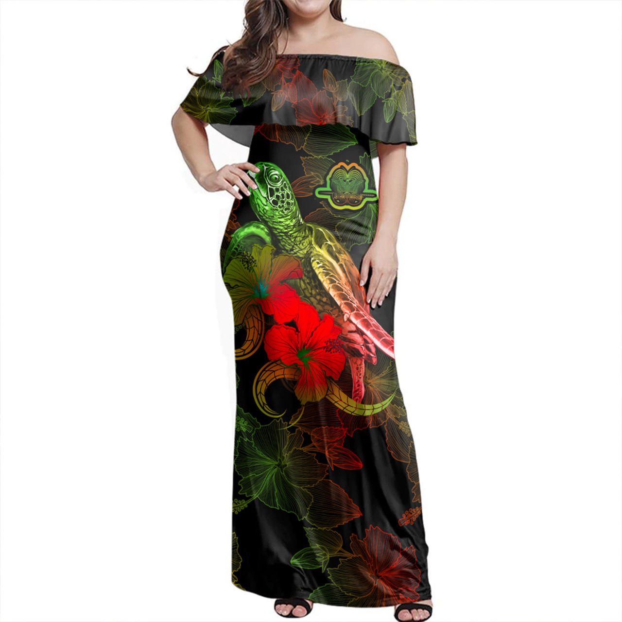 Papua New Guinea Woman Off Shoulder Long Dress - Sea Turtle With Blooming Hibiscus Flowers Reggae