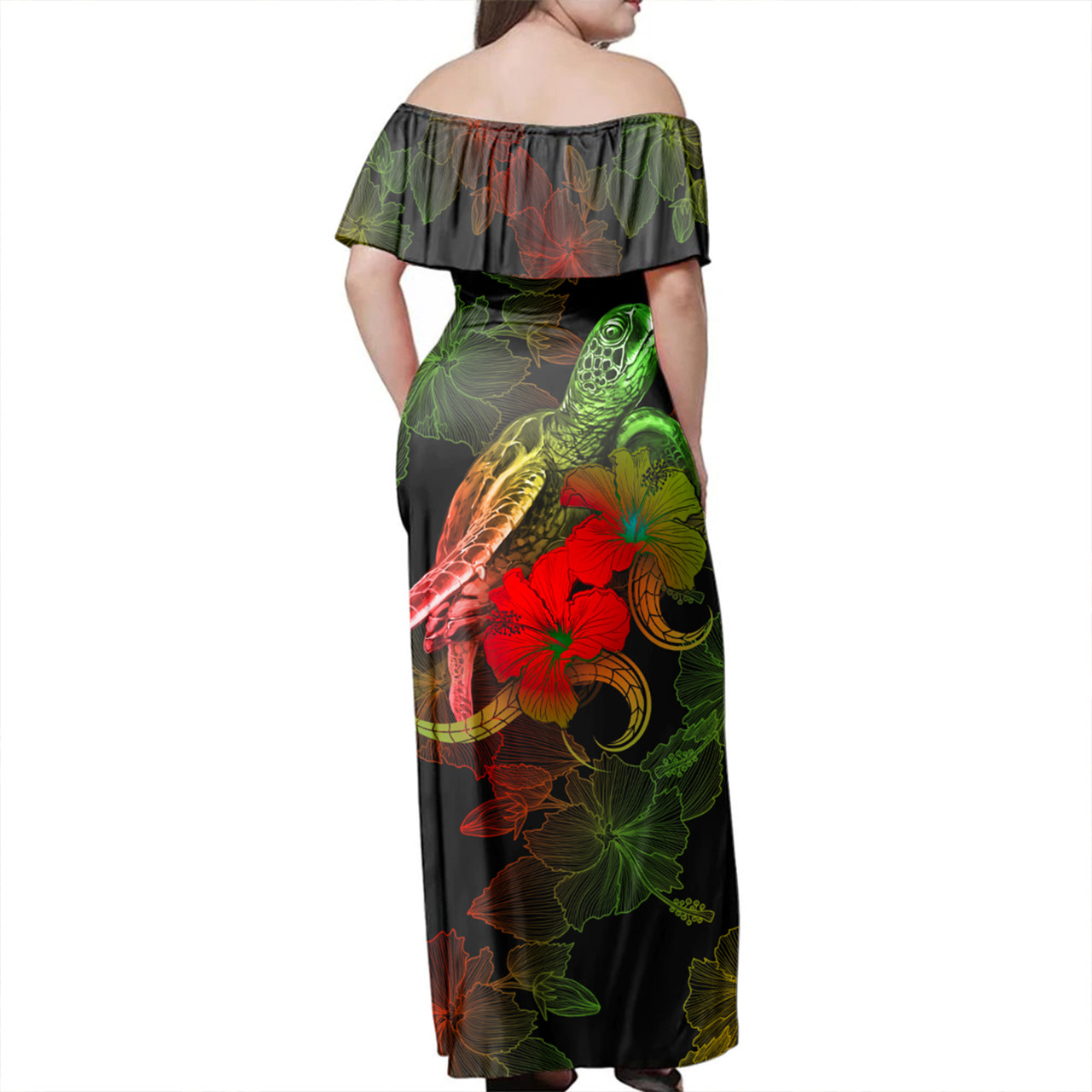 New Caledonia Woman Off Shoulder Long Dress - Sea Turtle With Blooming Hibiscus Flowers Reggae