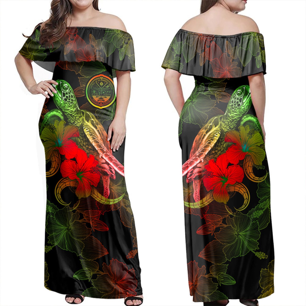 Marshall Islands Woman Off Shoulder Long Dress - Sea Turtle With Blooming Hibiscus Flowers Reggae
