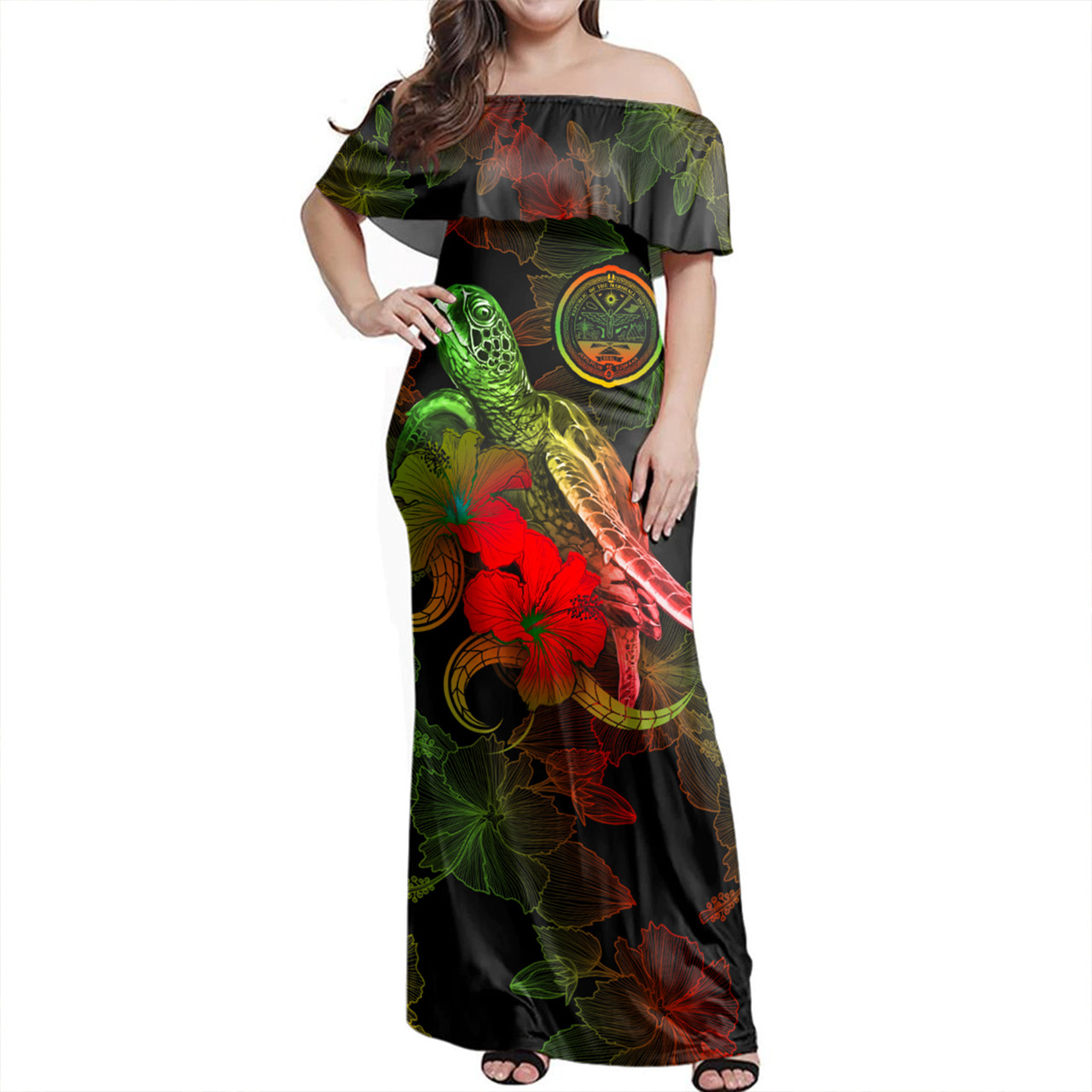 Marshall Islands Woman Off Shoulder Long Dress - Sea Turtle With Blooming Hibiscus Flowers Reggae