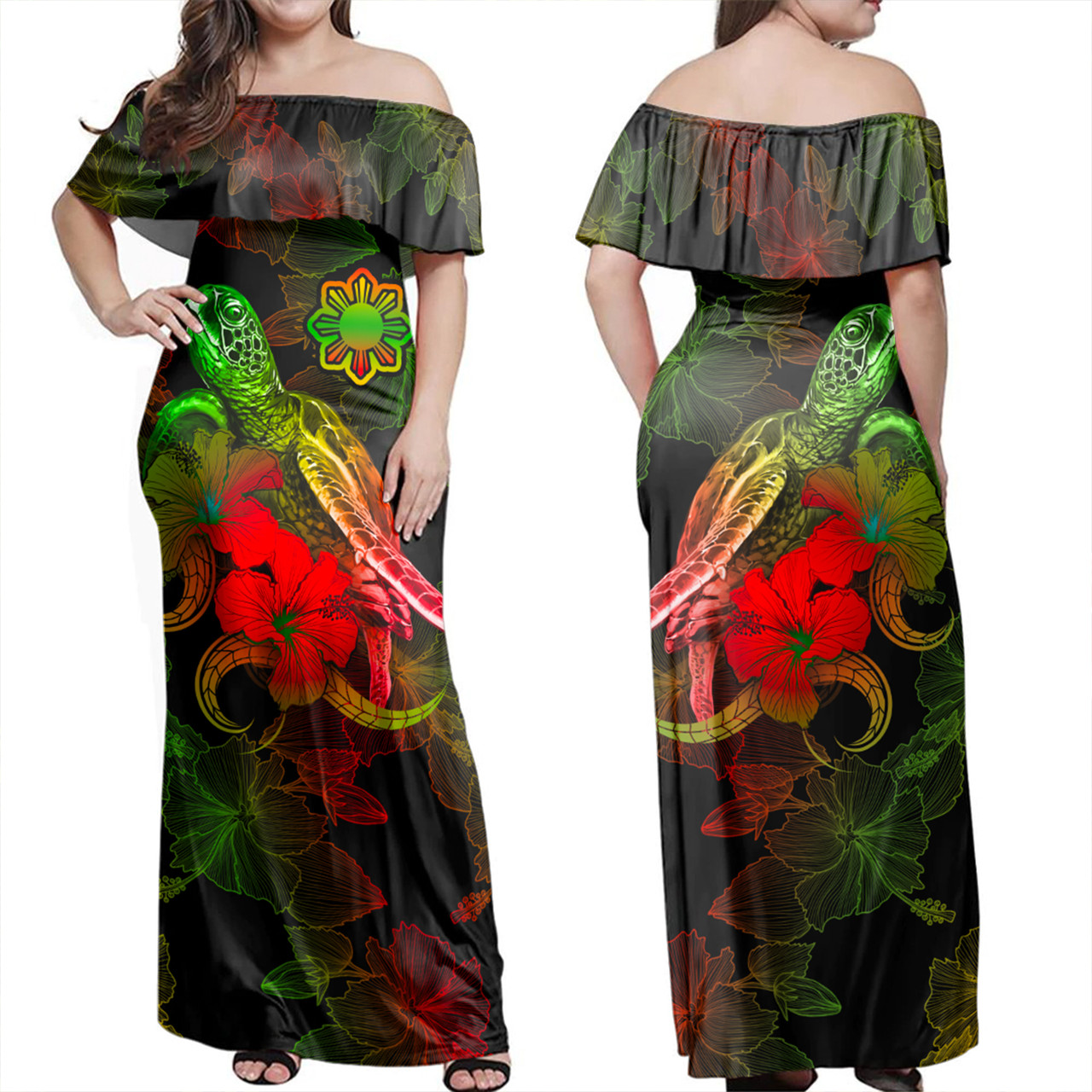 Philippines Filipinos Woman Off Shoulder Long Dress - Sea Turtle With Blooming Hibiscus Flowers Reggae