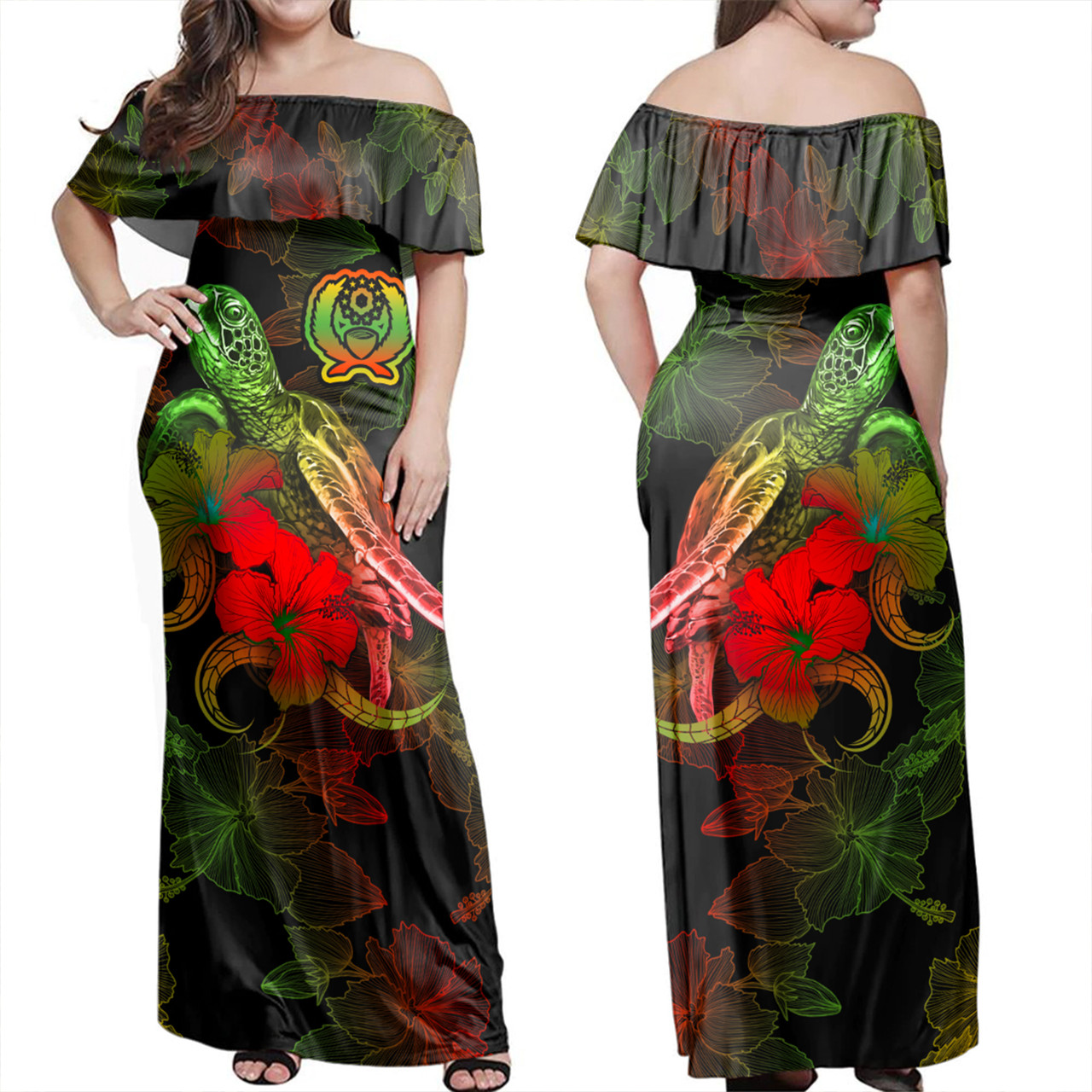 Pohnpei State Woman Off Shoulder Long Dress - Sea Turtle With Blooming Hibiscus Flowers Reggae