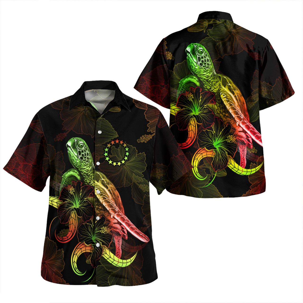 Cook Islands Combo Dress And Shirt - Sea Turtle With Blooming Hibiscus Flowers Reggae