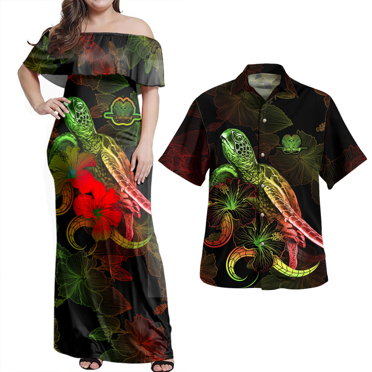 Papua New Guinea Combo Dress And Shirt - Sea Turtle With Blooming Hibiscus Flowers Reggae