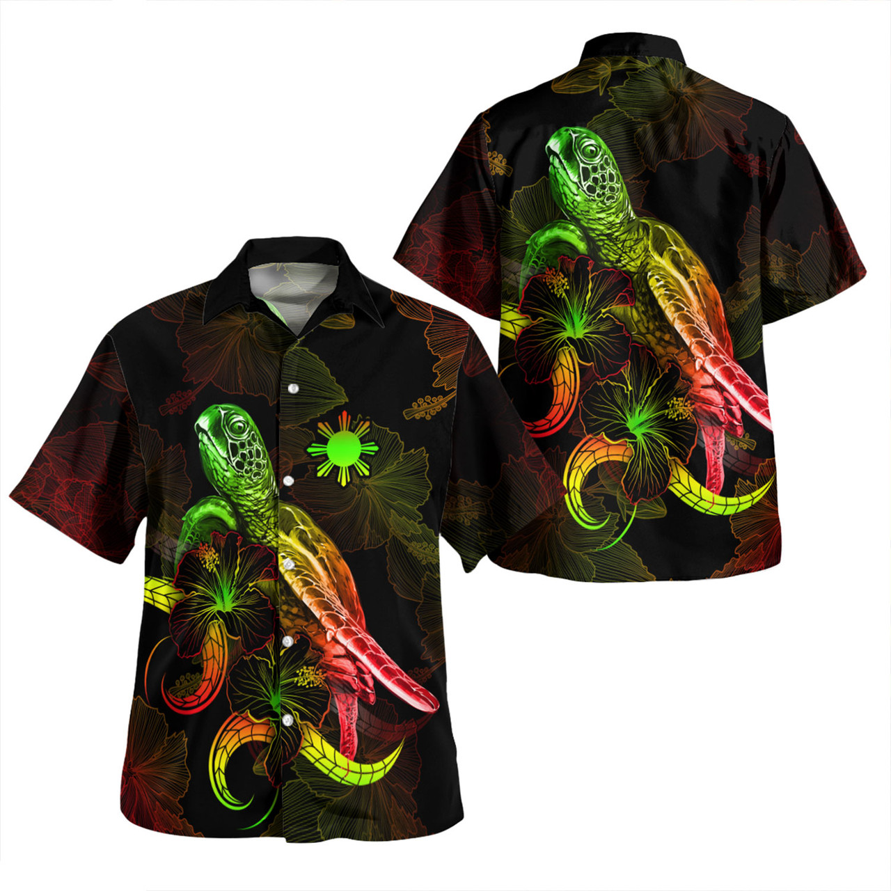 Philippines Filipinos Combo Dress And Shirt - Sea Turtle With Blooming Hibiscus Flowers Reggae