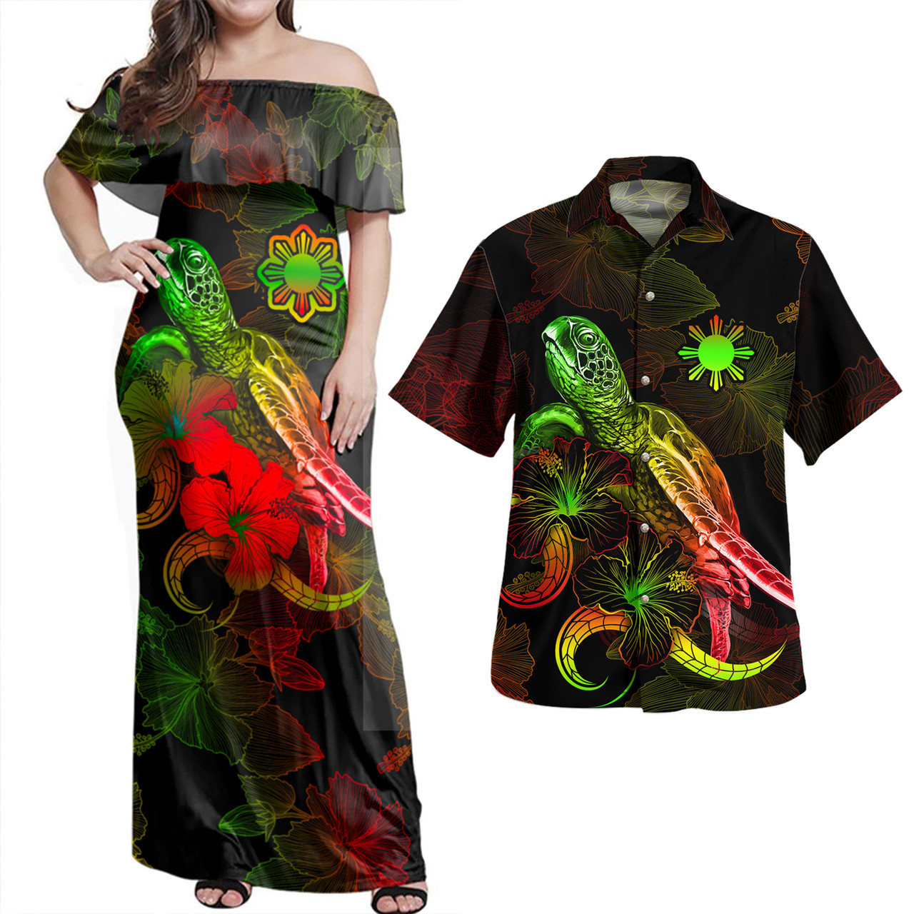 Philippines Filipinos Combo Dress And Shirt - Sea Turtle With Blooming Hibiscus Flowers Reggae
