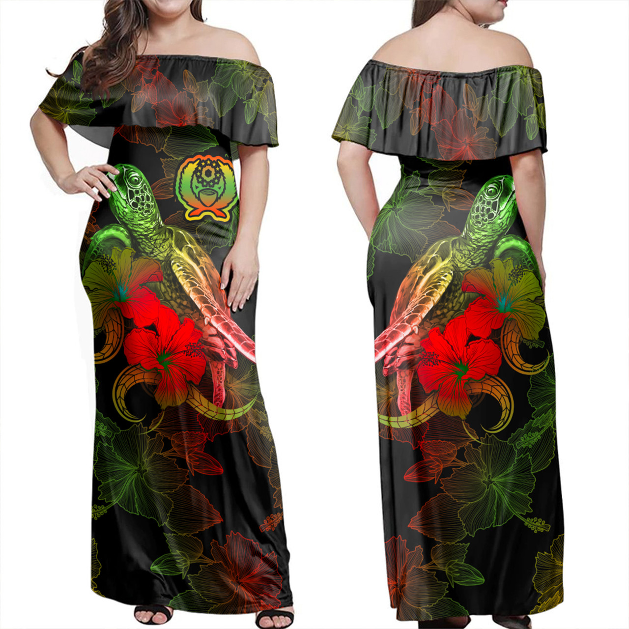 Pohnpei State Combo Dress And Shirt - Sea Turtle With Blooming Hibiscus Flowers Reggae